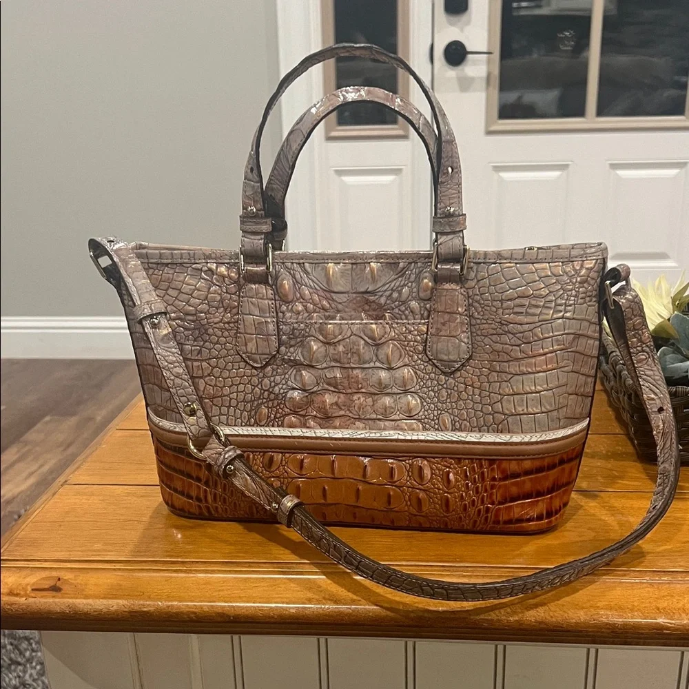 Brahmin Crocodile Embossed Satchel in Brown and Tan - Picture 2 of 8